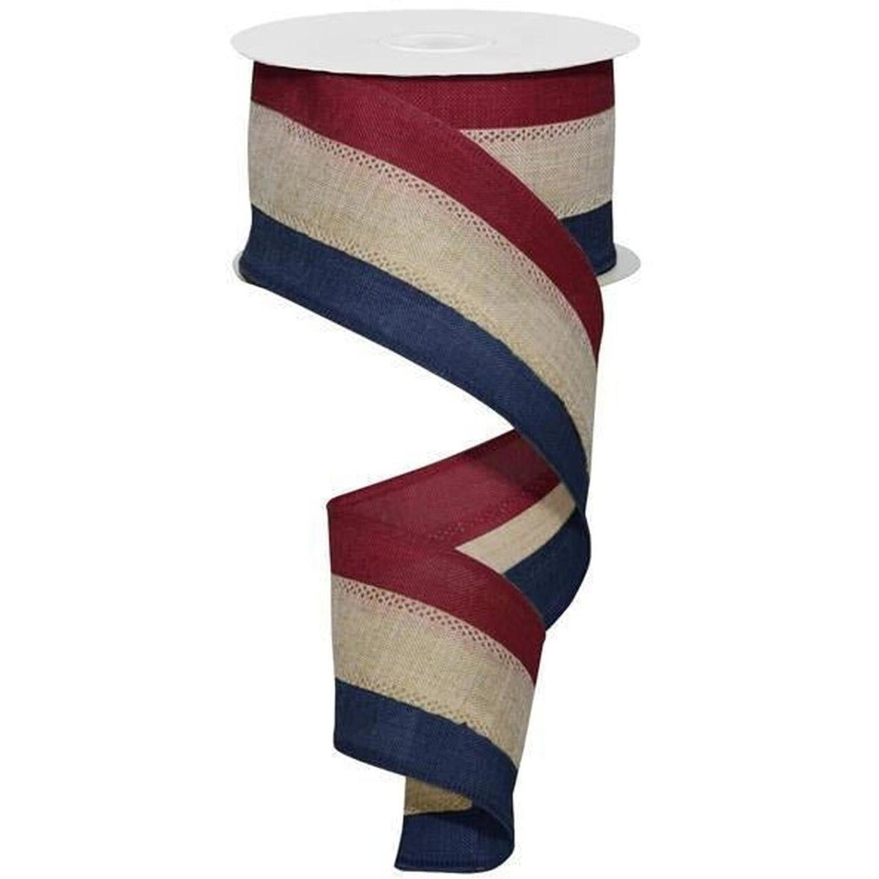 2.5" Faux Burlap Striped Ribbon: Burgundy, Beige, Navy (10 Yards)